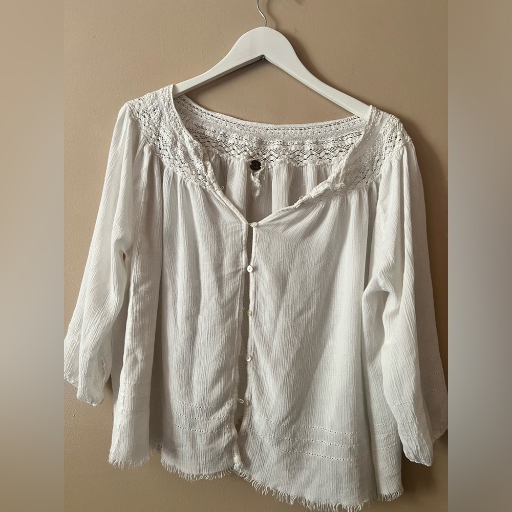 FP one lace trim eyelet frayed distressed gauze sheer button blouse xs/s boho